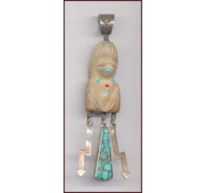 ZUNI Native American Carved CORN MAIDEN Totem PENDANT Sterling Silver Turquoise - Picture 1 of 3
