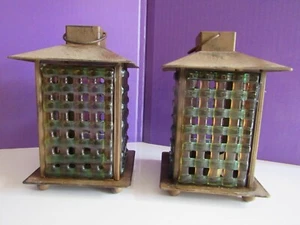 SELTENE VINTAGE LATERNE, MESSING & GRÜNES GLAS GITTER SEITEN NOS / EC - Bild 1 von 6