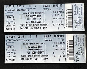⭐🦄 2× The Guess Who Ticket Stubs • March 19, 2011 • Twin River Casino Lincoln - Picture 1 of 2