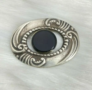 Vintage Art Nouveau Victorian Repousse Silver Tone Black Cabochon Brooch - Picture 1 of 5