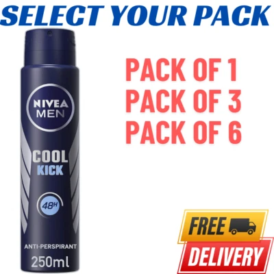 Nivea Men Cool Kick Anti-Perspirant Deodorant Spray Fresh 250ml Pack of 1-3-6