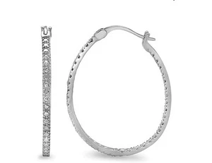 925 SILVER WHITE DIAMOND ACCENT HOOP EARRINGS, POLISHED RHODIUM FINISH, 30MM - Picture 1 of 1