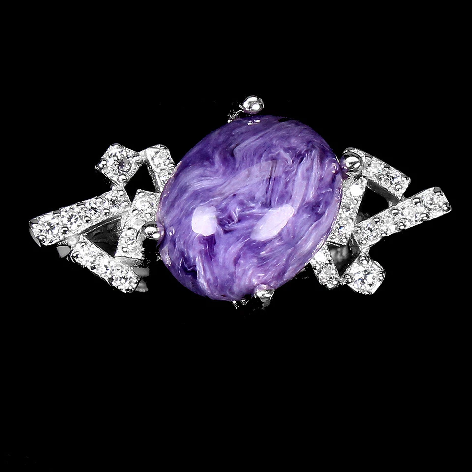 925 Anello Argento Sterling Ovale Charoite 11x9mm Naturale Gemma Gioielli Size 6 - Immagine 1 di 4