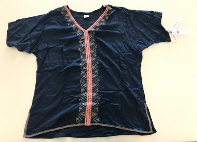 O'Neill Blue Embroidered V-Neck Cold Shoulder Short Sleeve Beach Cover Up - XS - Image 1 of 4