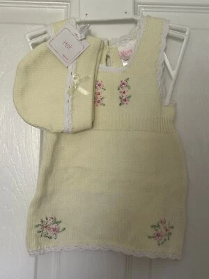 Girls Yellow Knit SWEATER DRESS & HAT Infant 3/6M VINTAGE Embroidery  Nannette - Image 1 of 4