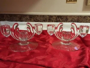 Pair Art Deco Heisey 3 Lite Crystolite Crystal Candlesticks Candle Holders - Picture 1 of 2