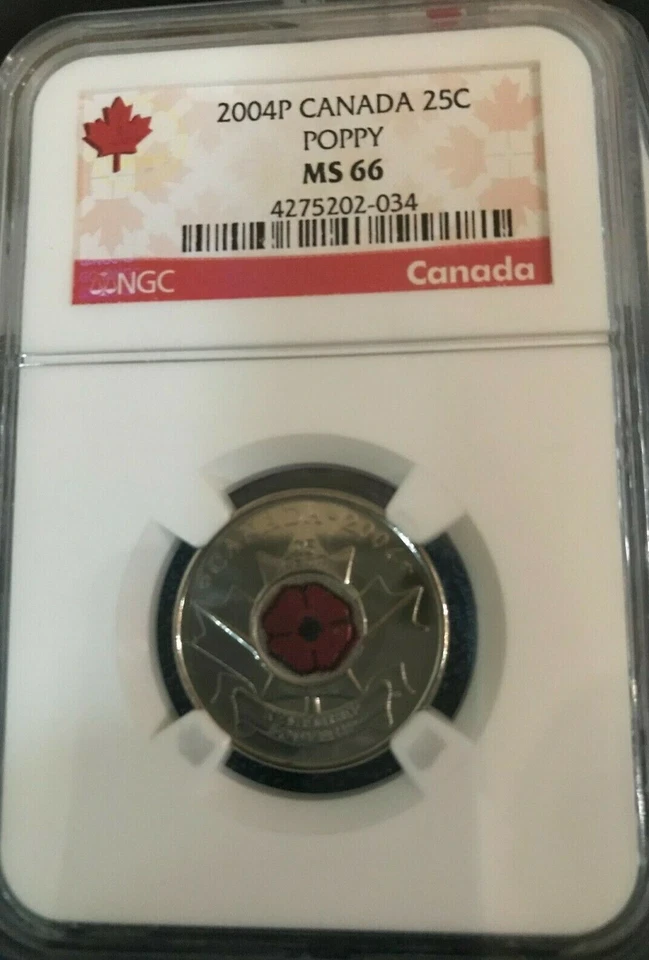 2004 P CANADA 25 CENT NGC MS66 UNCIRCULATED POPPY QUARTER WITH COLORIZED POPPY - Image 1 of 1