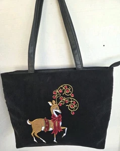 Borsetta natalizia nera in velluto a coste ricamata renna chiusura zip tasche - Foto 1 di 11