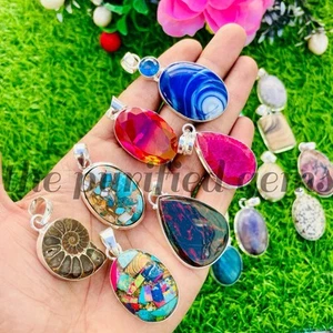 Top~Lote de 10 piezas de colgantes de múltiples piedras preciosas/enchapado en plata 925~colgante Boho~regalo para mamá - Imagen 1 de 8