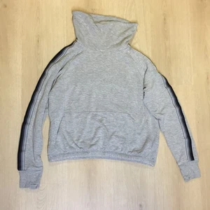 Athleta Girl size XL 14 Gray Hoodie w/ Black Stripes Thumbholes Boxy Cropped - Picture 1 of 8