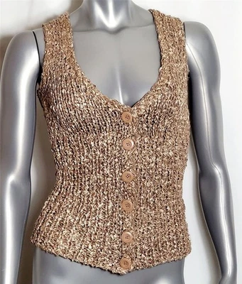 Colete suéter bebe S cáqui fita bronzeada fio malha botão frontal - Imagem 1 de 4