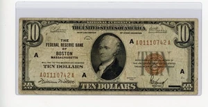 1929 $10 FEDERAL RESERVE BANK OF BOSTON, MA BROWN SEAL F/VF - Picture 1 of 2