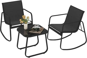 Black 3-Piece Patio Bistro Set, Outdoor Textilene Furniture with 2 Rocking Chair - Picture 1 of 7