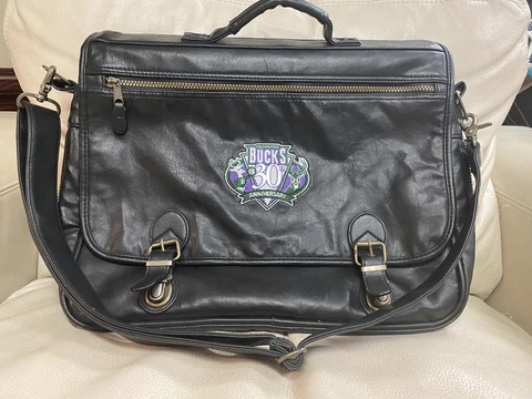 RARE MILWAUKEE BUCKS 30th ANNIVERSARY BLACK LEATHER LAPTOP BAG PLAID INTERIOR Cover