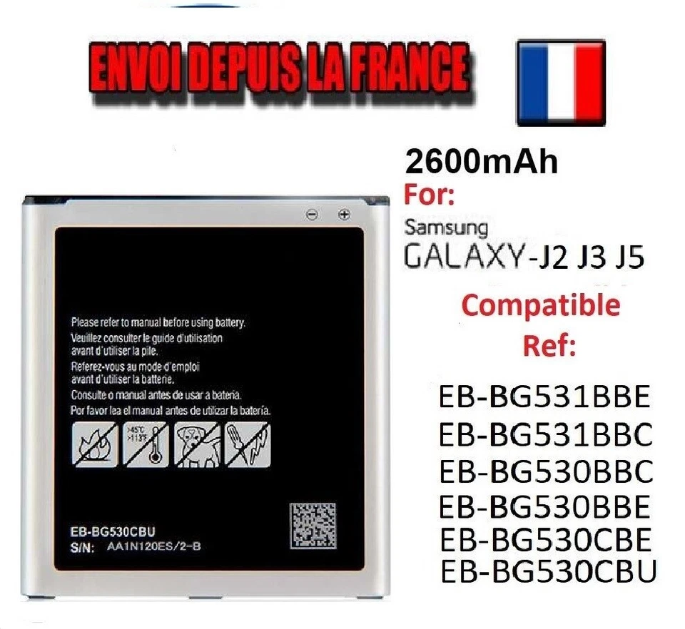 Battery for Samsung Galaxy J2-J3-J5 ref EB-BG530BBC /EB-BG531BBE 2600 mAh - Image 1 of 1
