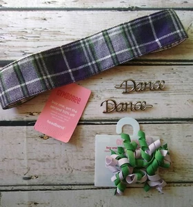 NWT Gymboree Dance Team green lavender curlies "dance" barrettes plaid headband - Picture 1 of 6
