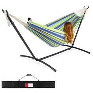 Best Choice Products Hammock + Stand Set 9.8' 2-Person Cotton Blue/Green Stripes - Picture 1 of 4