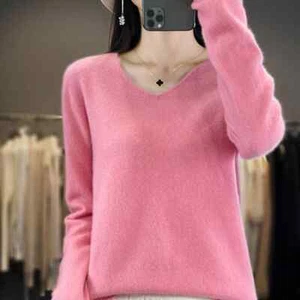 Maglione donna scollo a V basic pullover abbigliamento manica lunga maglia morbida top - Foto 1 di 41