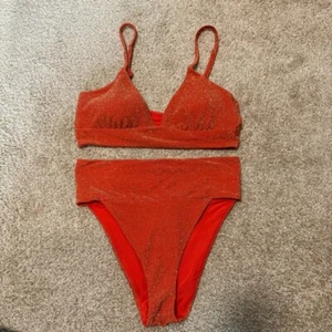 Aerie High Cut Cheeky High Waisted Triangle Bikini Sparkly Shimmer Rust Orange L - Picture 1 of 6