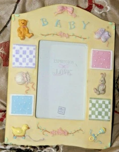 RUSS BERRIE Yellow Nursery BABY PHOTO FRAME Ceramic 3 1/2 x 5" Rattle Bear - Picture 1 of 7