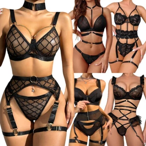 Black Sexy Lingerie Lace Babydoll Bra Thong Set Sleepwear Underwear Nightwear US - Picture 1 of 167