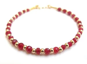 14k solid gold red ruby gemstone beads bracelet bangle handmade natural genuine - Picture 1 of 9