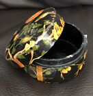 Small lidded papier mache pot/trinket box, black, decorated with flowers