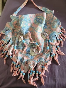 80s beaded bandana scarf retro novelty tie off blue peach paisley silver conch - Picture 1 of 4
