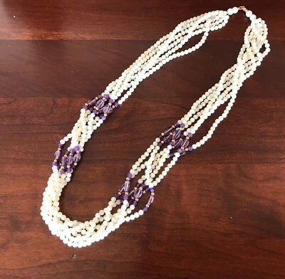 VINTAGE 24” SIX STRAND MOTHER OF PEARL NECKLACE W/ 14KT GOLD BEADS & CLASP - Image 1 of 4