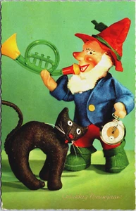 Happy New Year Gnome with a Cat and a Trumpet Vintage Postcard B198 - Picture 1 of 2