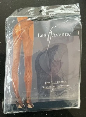 LEG AVENUE BLACK FISHNET Suspender Pantyhose/Tights plus size 1X-3X - Image 1 of 3