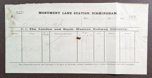1914 London and North Western Ry. Monument Lane Station Birmingham Invoice - Picture 1 of 1