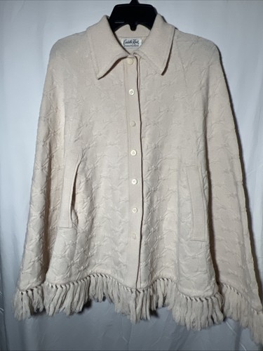 OFF WHITE Poncho scialle afgano maglia avorio vintage anni 60 70 giacca colletto spacchi a mano frange