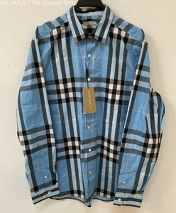Burberry Men's Light Blue Plaid Cotton Blend Button Down Shirt Size XL - Picture 1 of 8