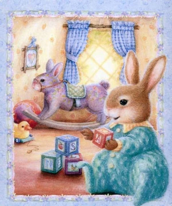 BTY Home Lovely Toys Bunny ABC Blocks Rocking Horse Panel Cotton Fabric - Image 1 of 1