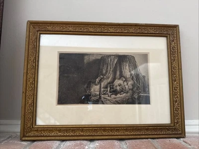 Grabado de Rembrandt "La cama francesa" - Estampado vintage - Marco dorado - Frente de vidrio Foto 1 de 4