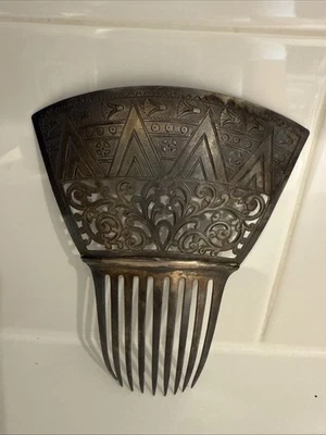 Antique Victorian Silver Plated Back Hair Comb - Ornate, Etched. - Image 1 of 4