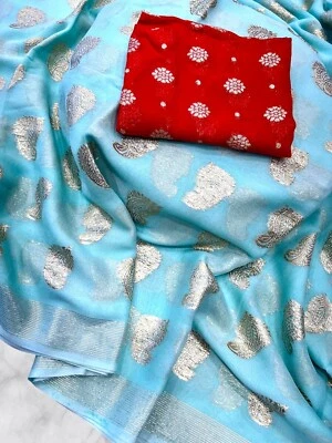 Дизайнерское вискозное жоржетское сари, причудливое сари и жаккардовое кайма сари - Изображение 1 из 4