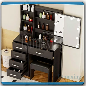 Black Makeup Vanity Desk Dressing Table With LED Sliding Mirror Stool 6 Drawers - Picture 1 of 8