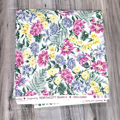 Northcott Studios BACKYARD GARDEN Floral Pink Yellow Blue Green Fabric 6.2yds - Image 1 of 4