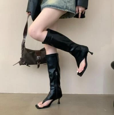 Women Square Head Pinch Toe Sandal Boots Side Zipper Knee Boots Kitten Mid Heels - Imagem 1 de 4