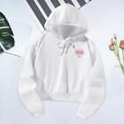 Cropped Hoodie White Red Letters with Drawstring Fall Cloth Loose Sweatshirt