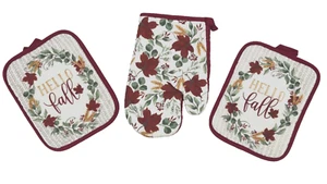 Hello Fall Burgundy Leaf Foliage Kitchen Set of 1-Oven Mitt With 2- Potholders - Picture 1 of 7