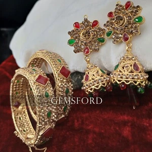 Neu Indisch Pakistanisch Brautschmuck Ohrringe Armreifen Set Karay Kangan Jhumkas - Bild 1 von 14