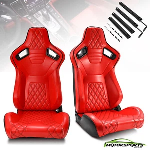 Red Leather Rear Black Carbon Fiber Sport Racing Bucket Seats Sliders Left&Right - Picture 1 of 9
