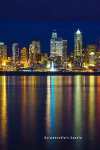 NIGHT SEATTLE SKYLINE WATER REFLECTION Photo Picture Print 4X6,5X7, 8X10, 8.5X11 - Picture 1 of 1