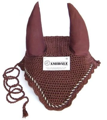 AMIDALE SPORTS OHRNETZ GEHÄKELT FLIEGENSCHLEIER REITER PFERD MIT PASPEL BRAUN - VOLL, COB, PONY