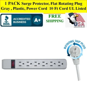 Surge Protector, Flat Rotating Plug, 6 Outlet, Gray 10 FT CORD UL Listed - Picture 1 of 7
