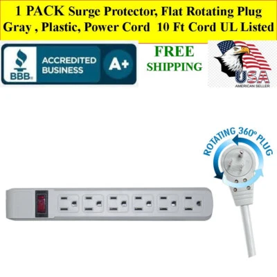 Surge Protector, Flat Rotating Plug, 6 Outlet, Gray 10 FT CORD UL Listed - Image 1 of 4