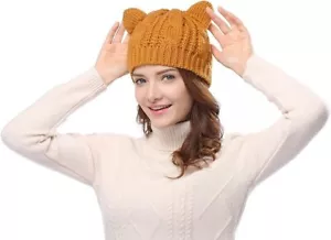 Bellady Women's Hat Cat Ear Crochet Braided Knit Caps Yellow - Picture 1 of 4